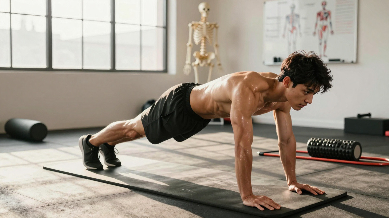 Young man doing a plank exercise on a mat in a sunlit gym with fitness equipment in the background.