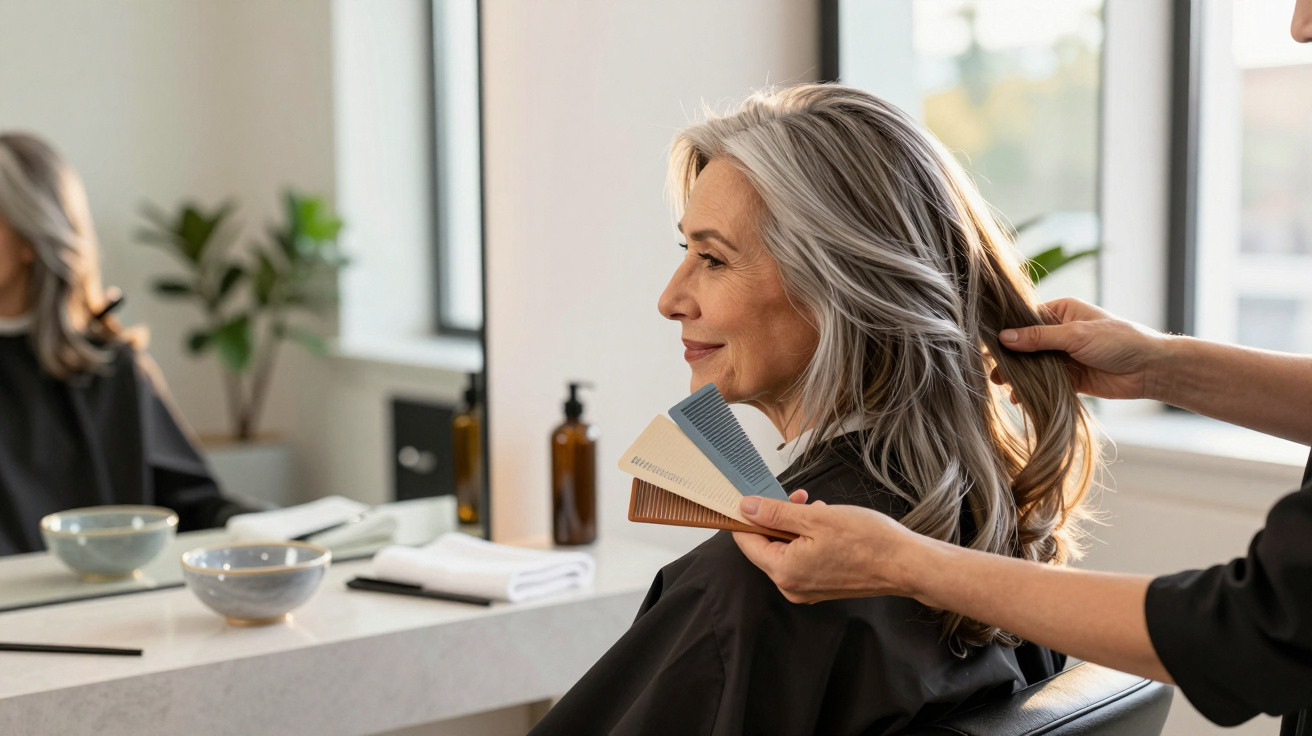 Middle-aged woman with grey hair sitting in salon chair holding hair colour swatches while stylist holds her hair.
