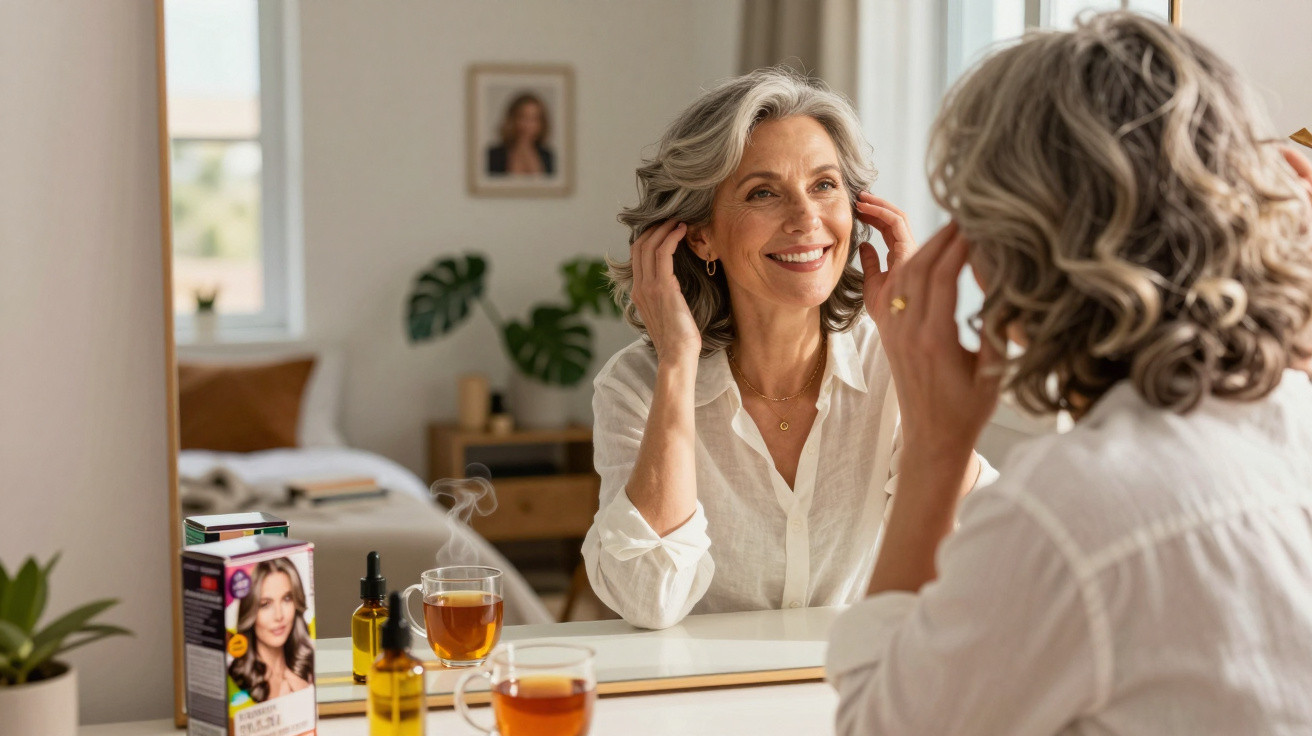 Mature woman with grey hair smiling while looking at herself in a mirror on a dressing table with hair dye and tea.