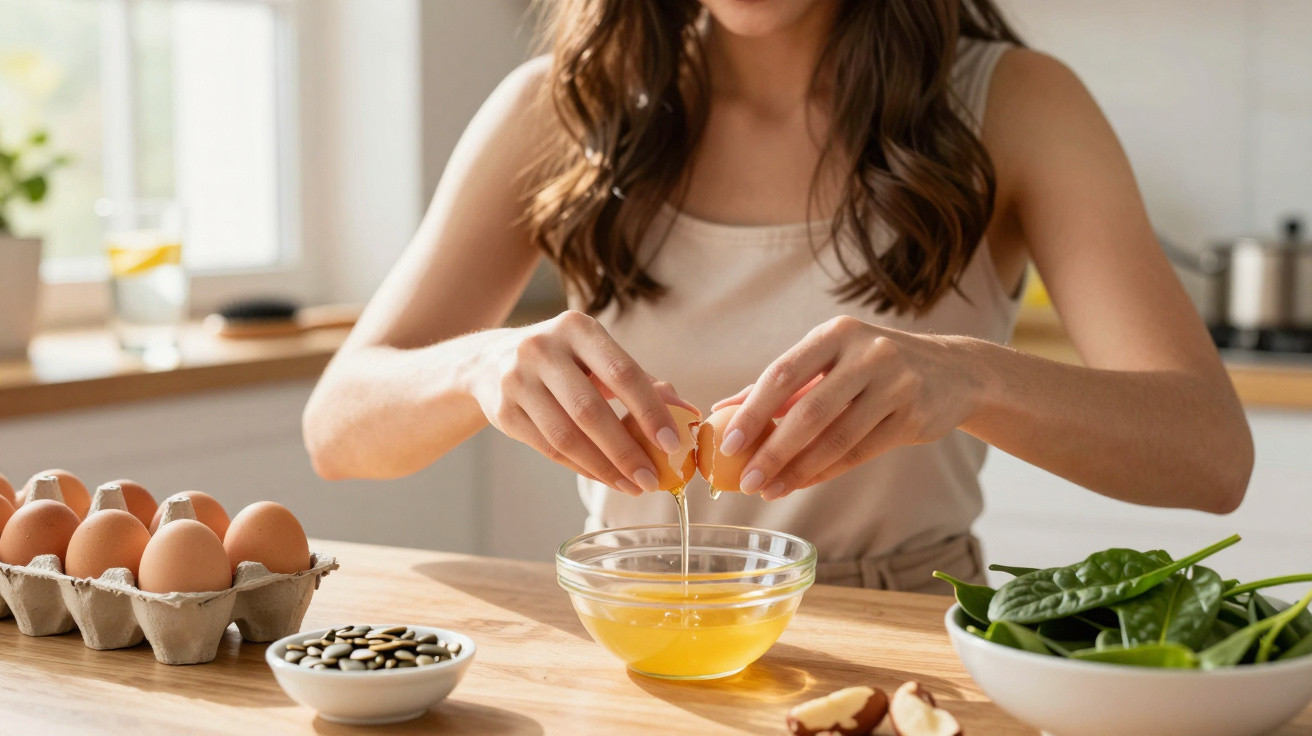 Woman cracking eggs into a glass bowl on a kitchen table with spinach and seeds nearby