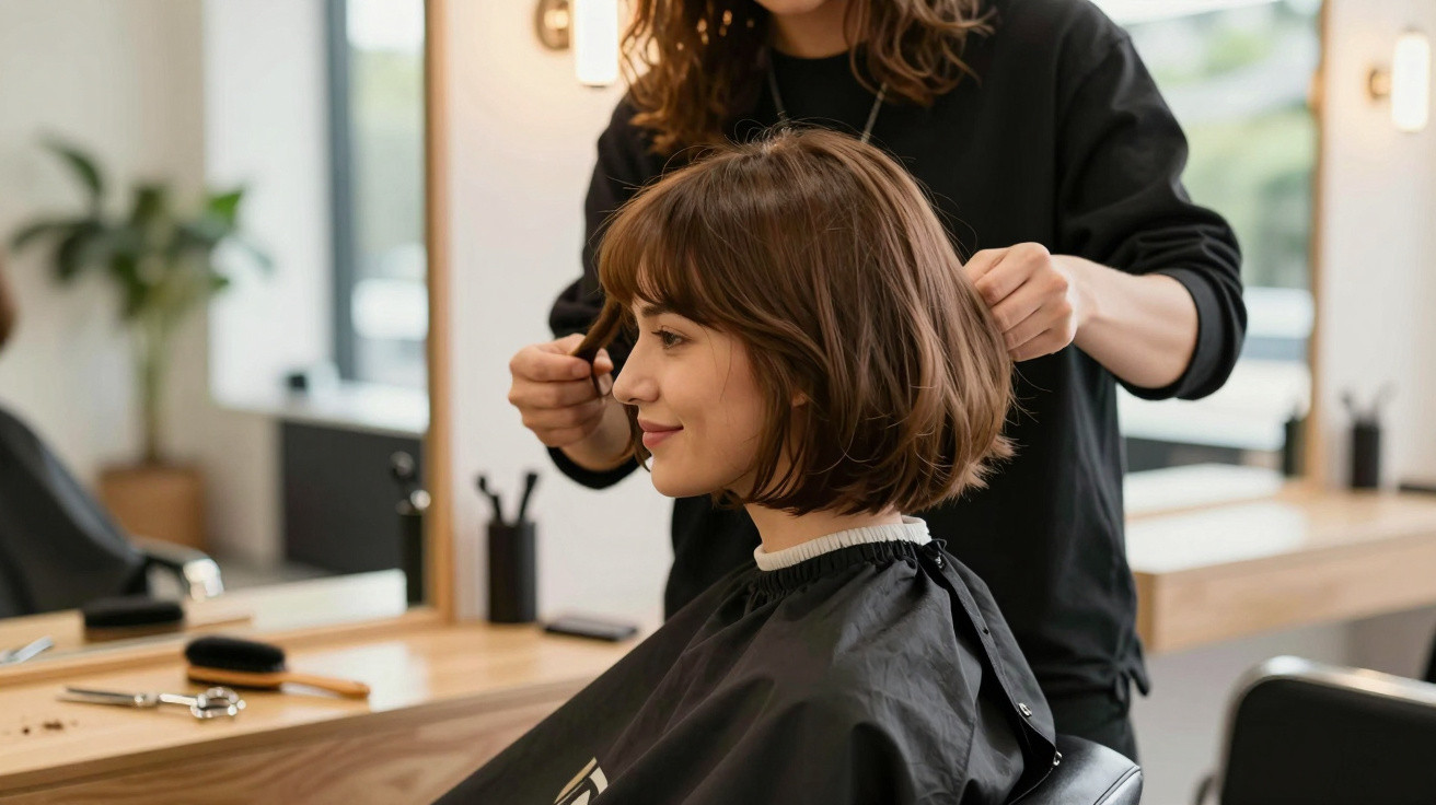 Woman with a short bob haircut sitting in a salon chair while a hairstylist adjusts her hair.