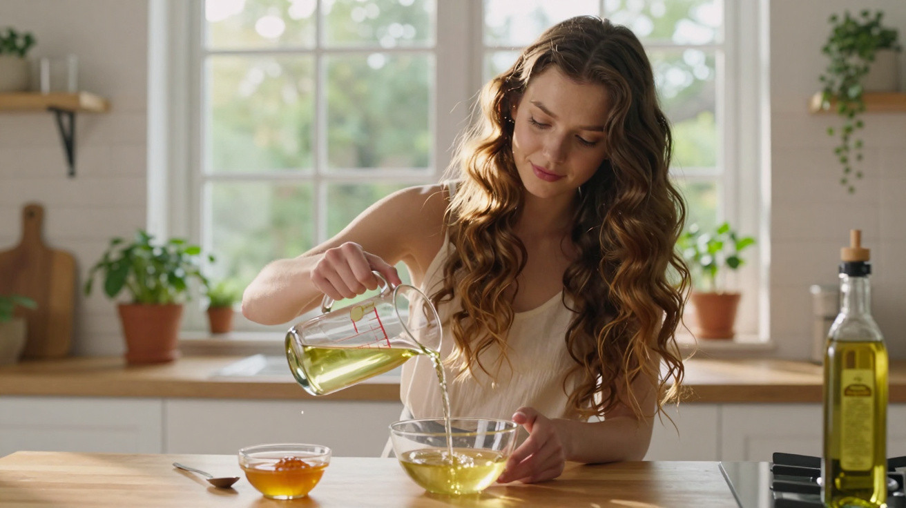Woman with long curly hair pouring oil into a glass bowl in a bright kitchen with plants on the windowsill.