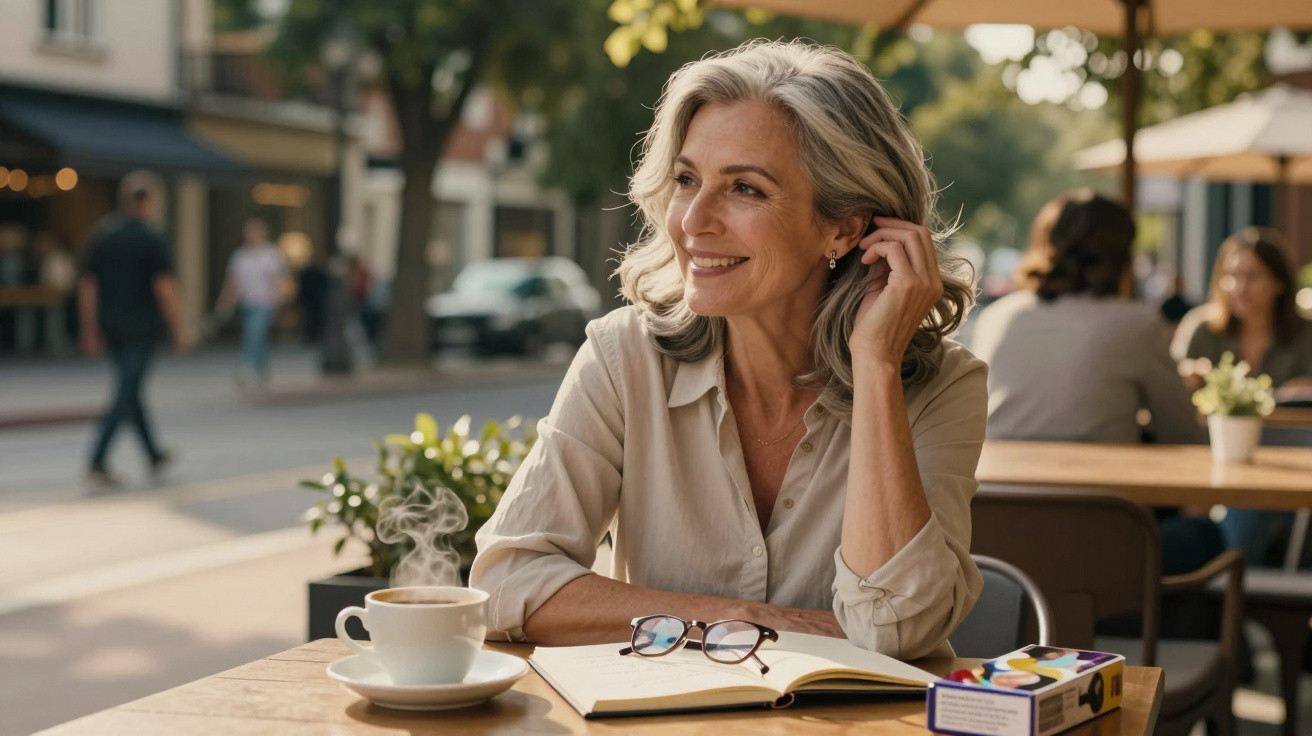Smiling mature woman sitting at outdoor café table with a steaming cup, notebook, glasses, and watercolours.