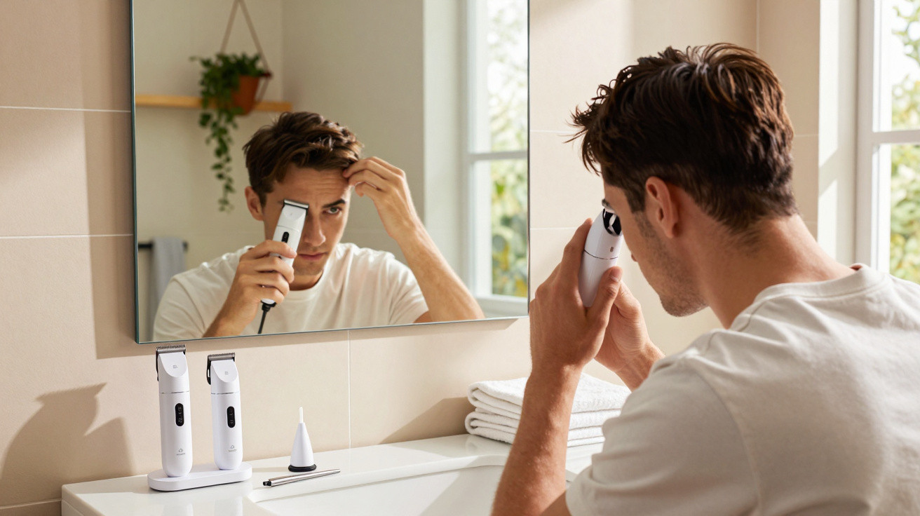 Young man in white t-shirt trimming his hair using an electric hair clipper in front of a bathroom mirror.