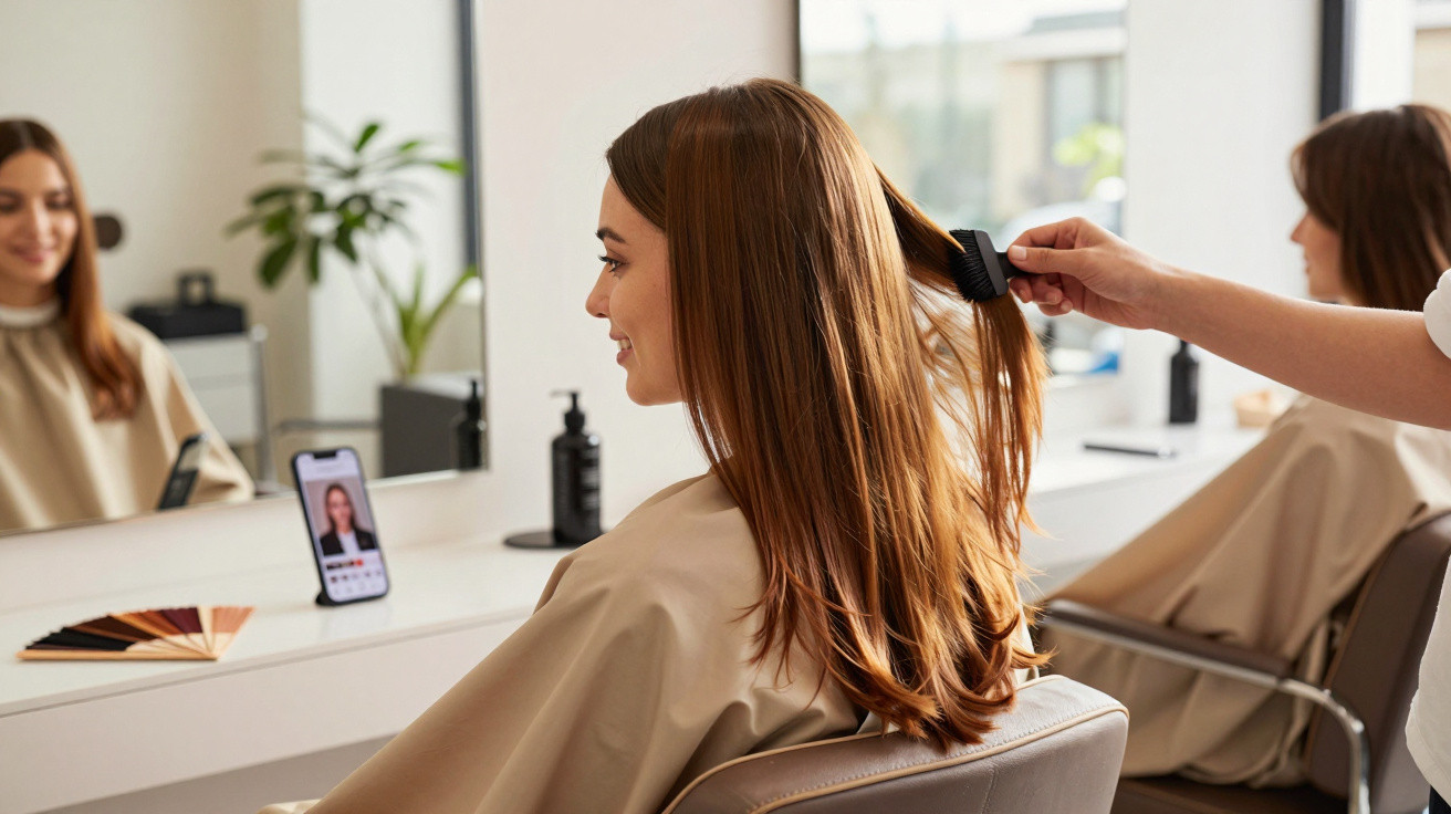 Woman with long brown hair getting it styled in a salon, looking at hairstyle options on a smartphone.