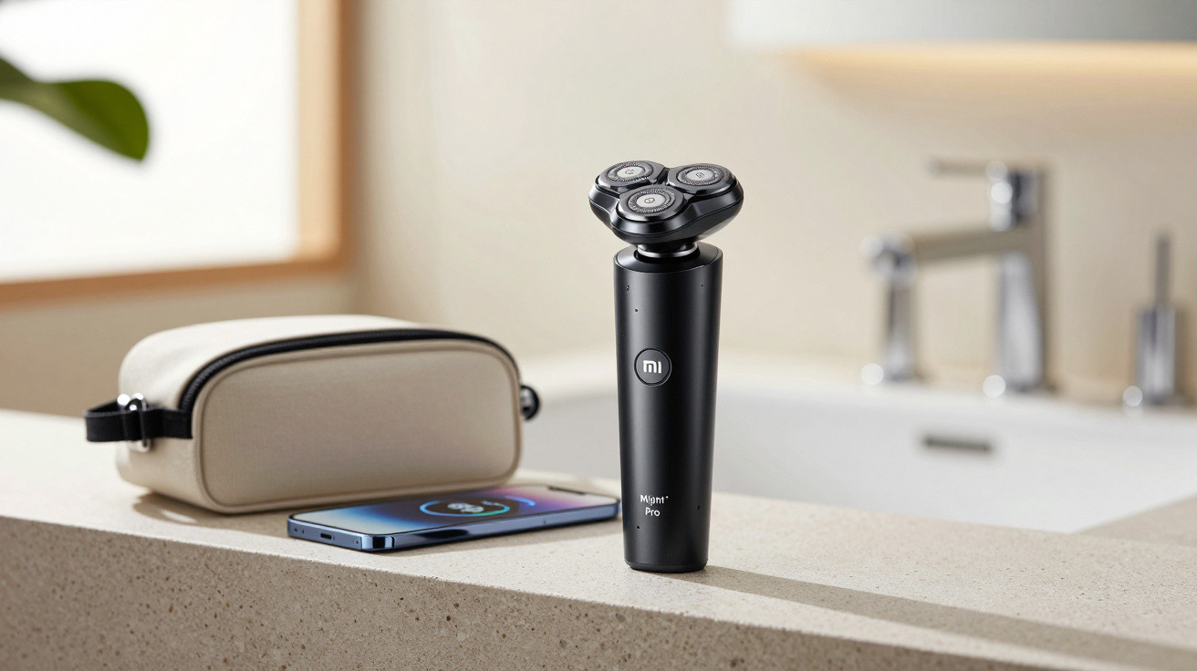 Black electric rotary shaver standing on bathroom counter next to a phone and toiletry bag.