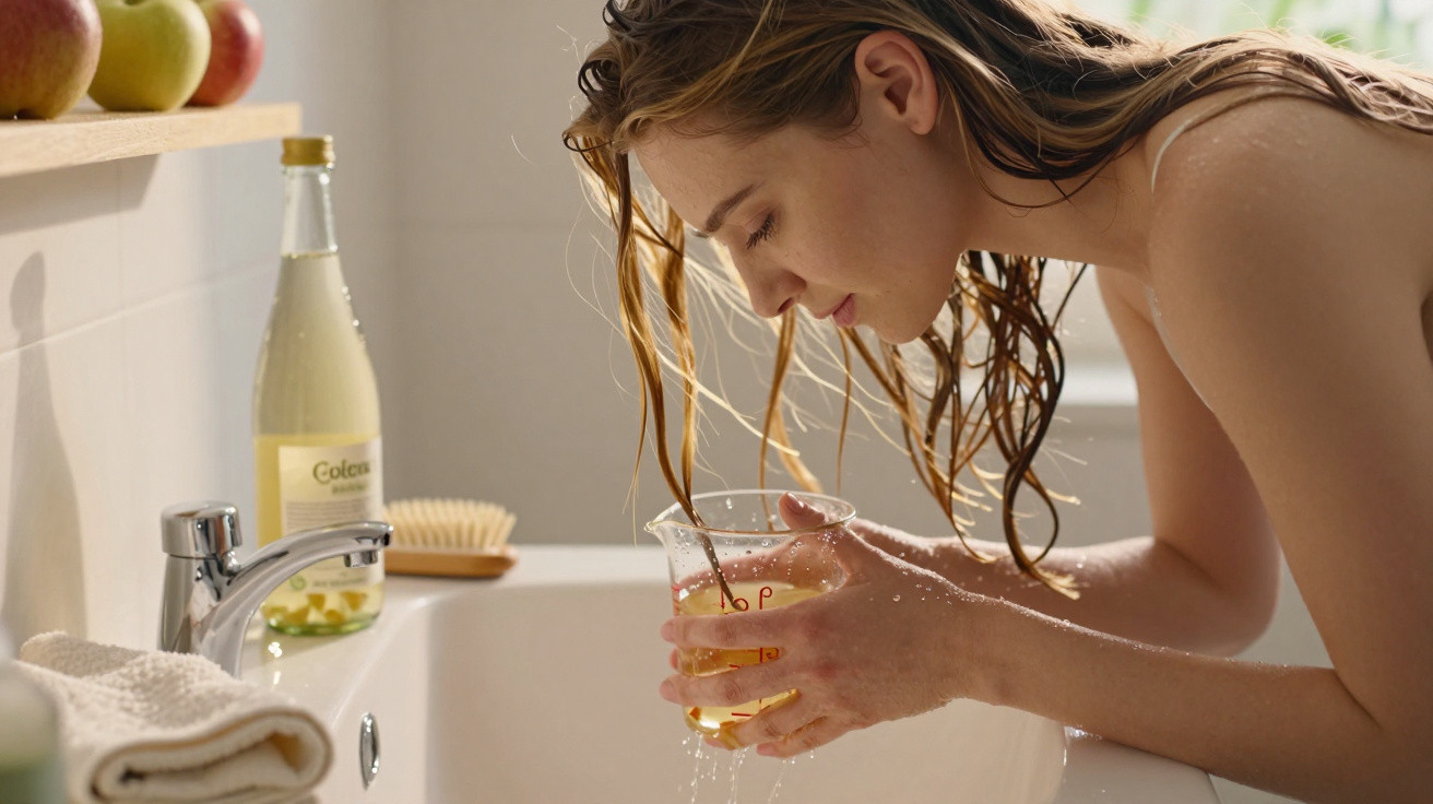 Woman rinsing her hair with water from a glass over a bathroom sink next to apples and a bottle.