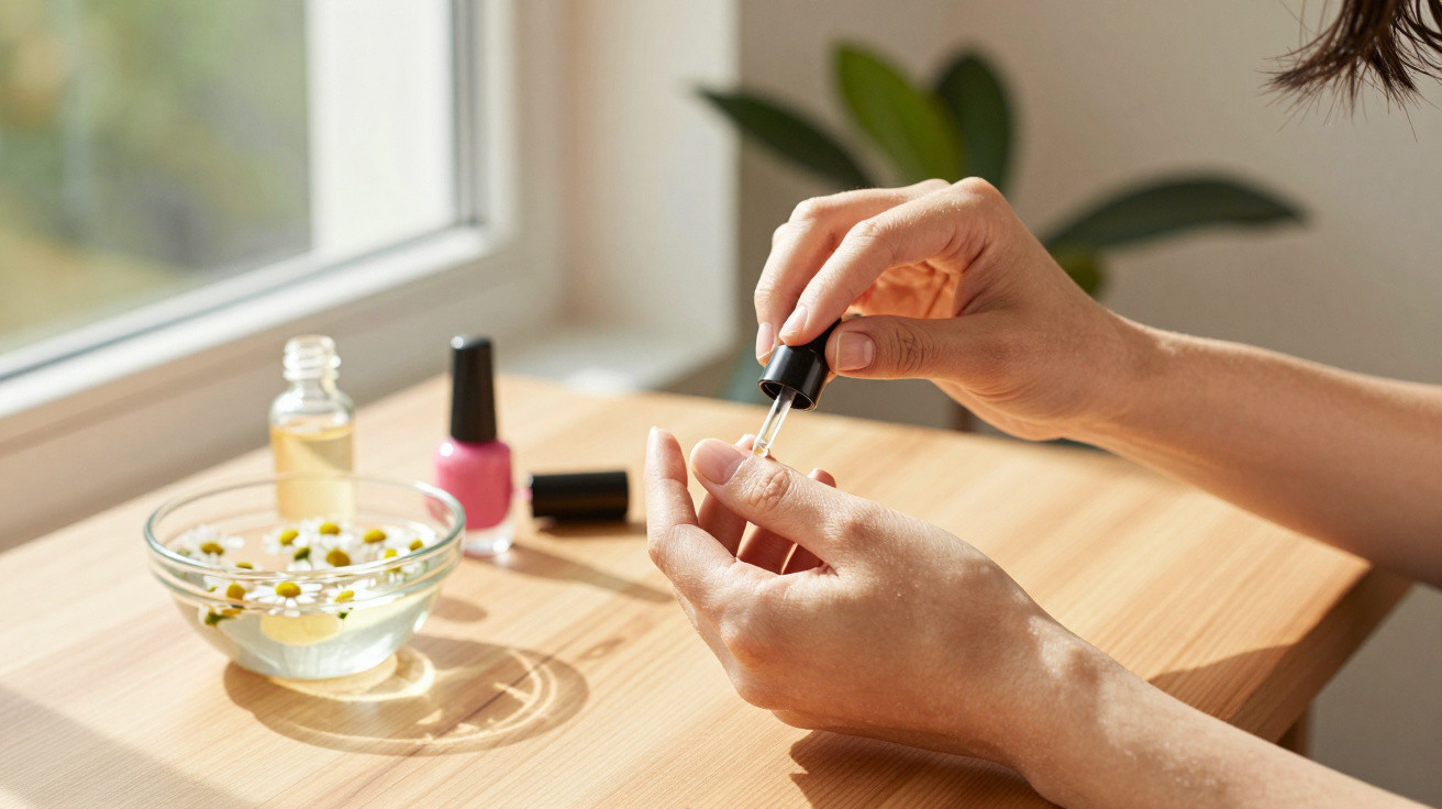 Person applying clear nail polish on fingernails at a wooden table near a window with natural light.