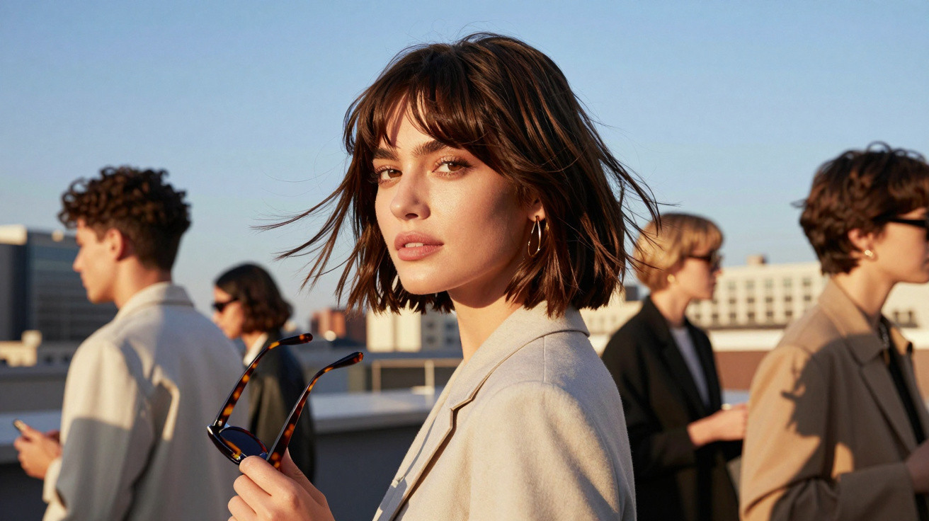 Young woman with short brown hair holding sunglasses, with four blurred people in the background outdoors at sunset.