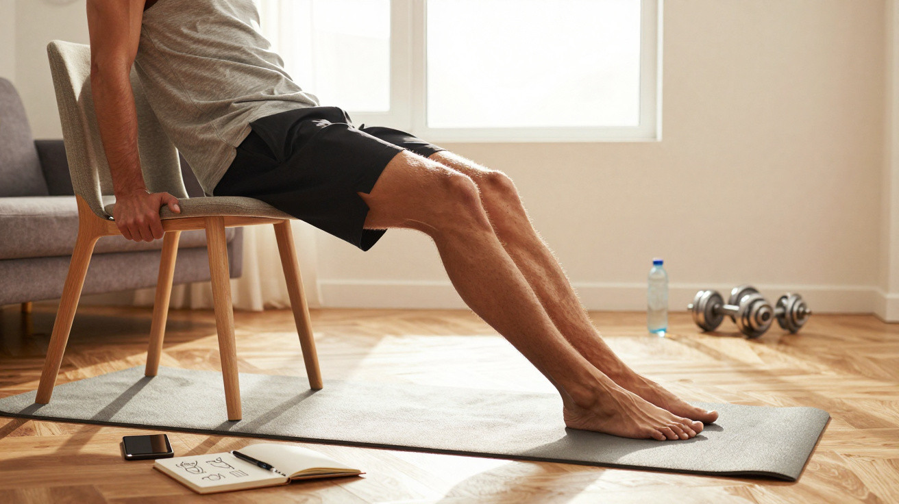Man performing tricep dips on a chair in a bright room with dumbbells, water bottle, and notebook nearby.