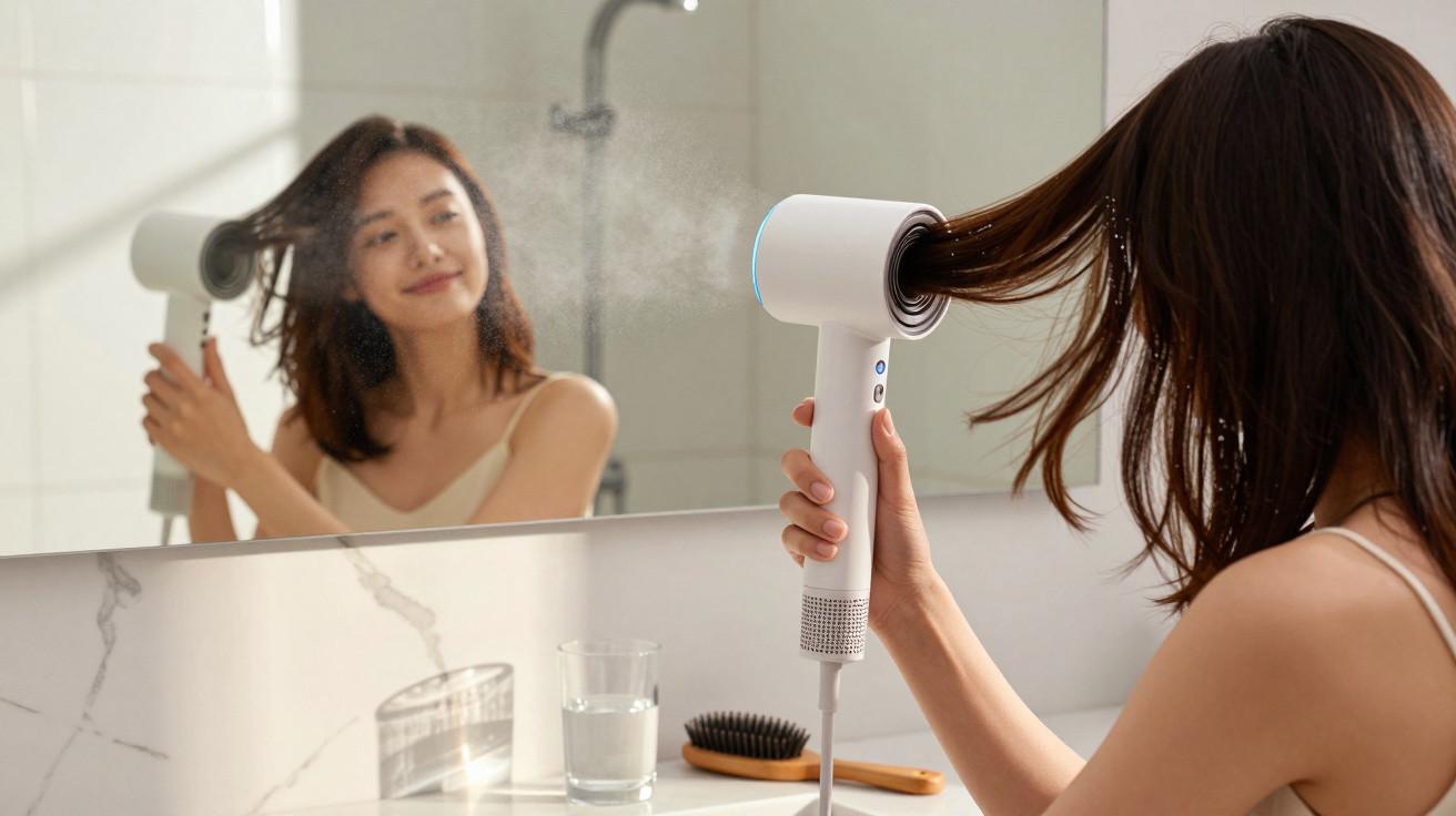 Woman drying her hair with a white hairdryer in front of a bathroom mirror.
