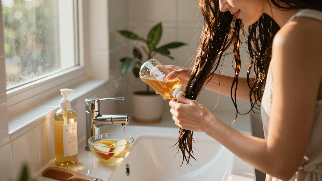 Woman applying hair oil in a bright bathroom near a sink with a bowl of apple slices and a plant in the background.