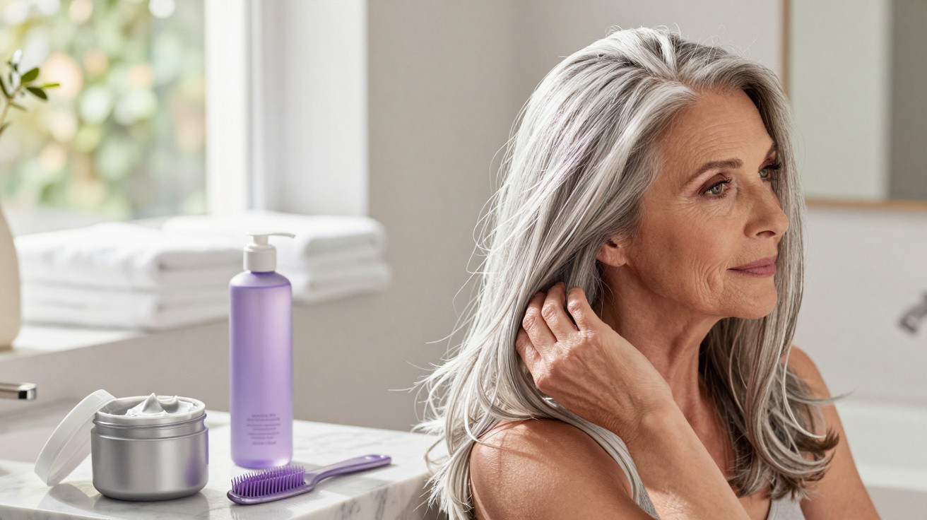 Older woman with long grey hair sitting in bathroom, touching hair, with hair products on the counter.