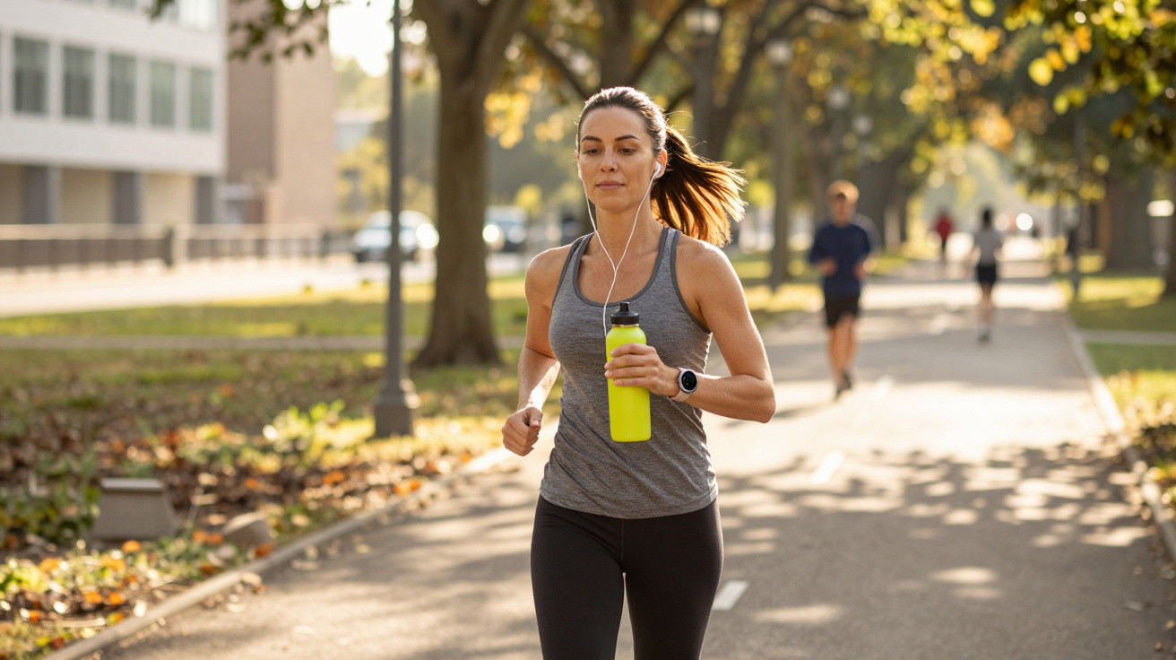 Woman jogging on a tree-lined path holding a yellow water bottle and wearing earphones on a sunny day.