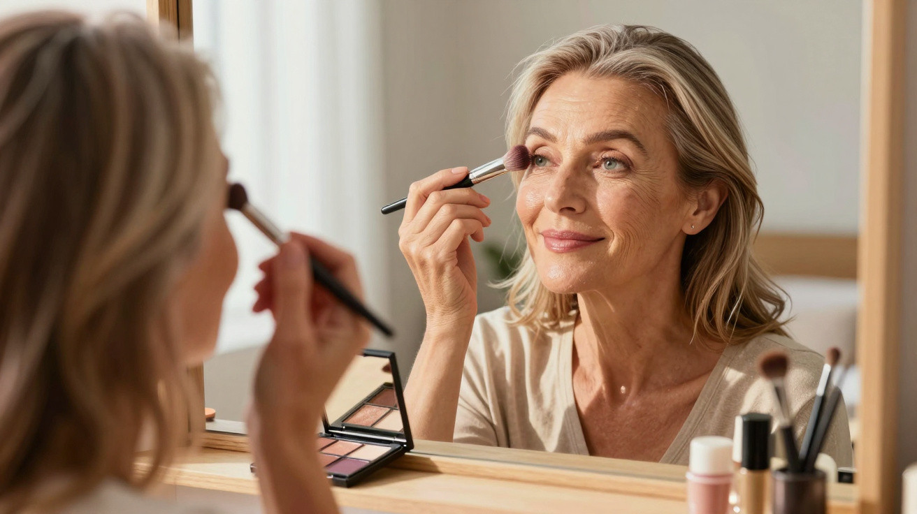 Mature woman applying makeup with a brush, looking at her reflection in a vanity mirror.