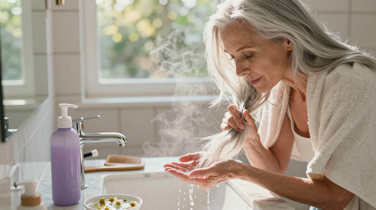 Mature woman rinsing long grey hair over a bathroom sink with a towel draped over her shoulders.