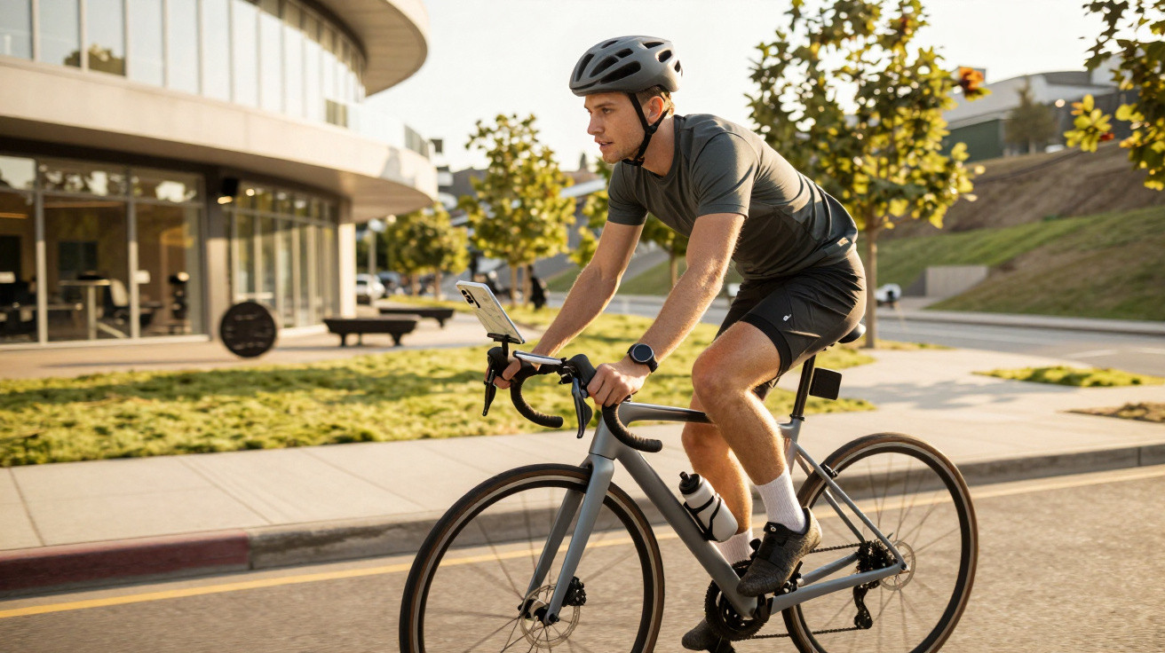 Man wearing helmet cycling on road bike near modern building in sunny urban setting