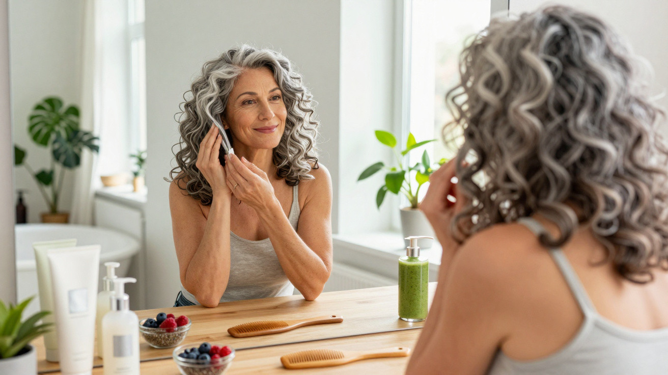 Middle-aged woman with curly grey hair smiling while grooming in front of a bathroom mirror.