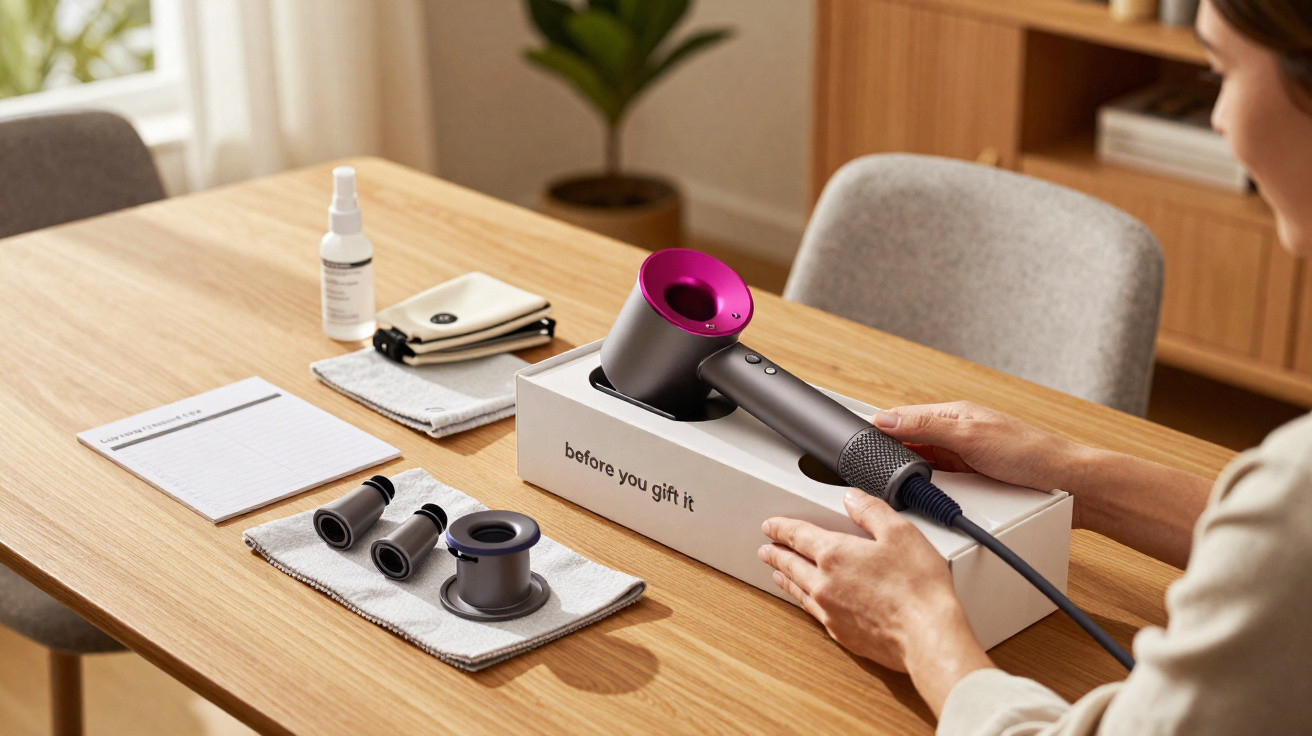 Person unpacking a Dyson Supersonic hair dryer with attachments on a wooden table in a living room.