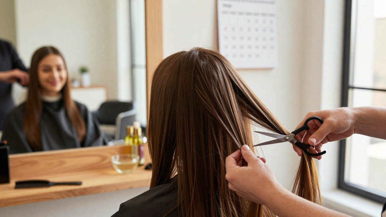 Hairdresser cutting long brown hair of a seated woman in a bright salon with mirror and calendar visible.