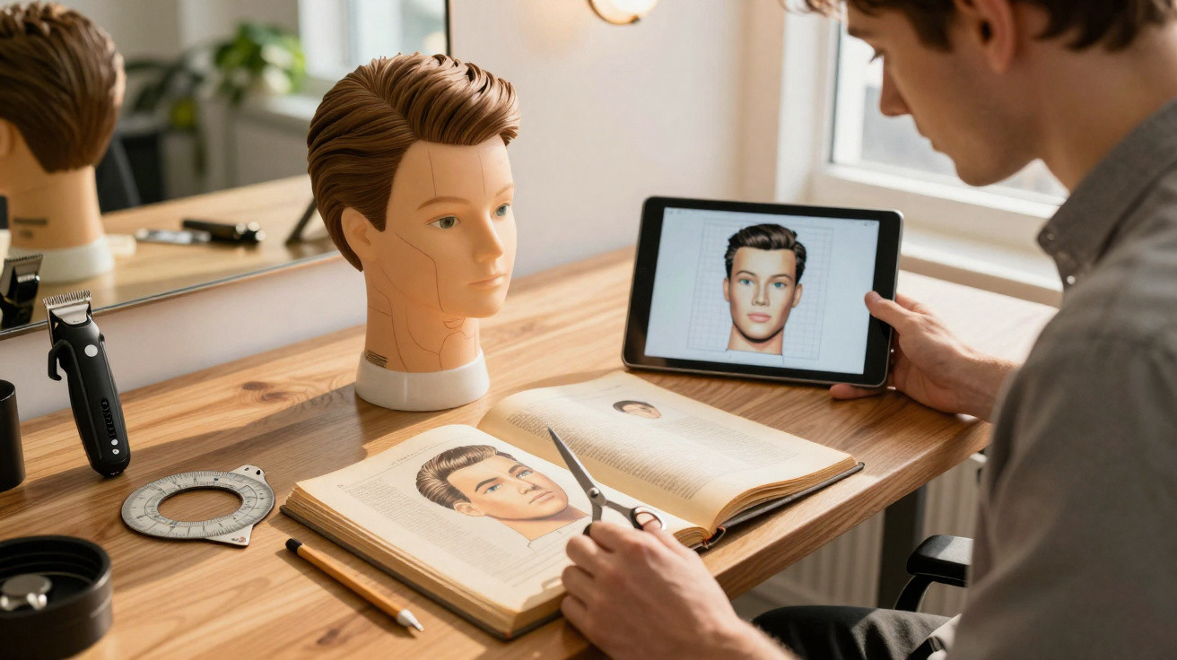 A person studying a hairstyle from a book and tablet next to a mannequin head on a wooden table.