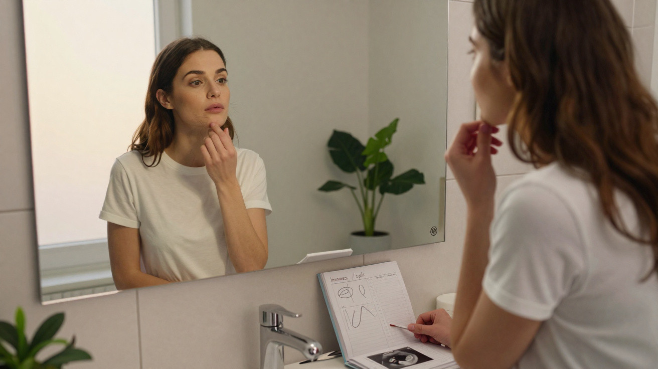 Young woman in white t-shirt examining her face in bathroom mirror while holding a notebook with sketches.