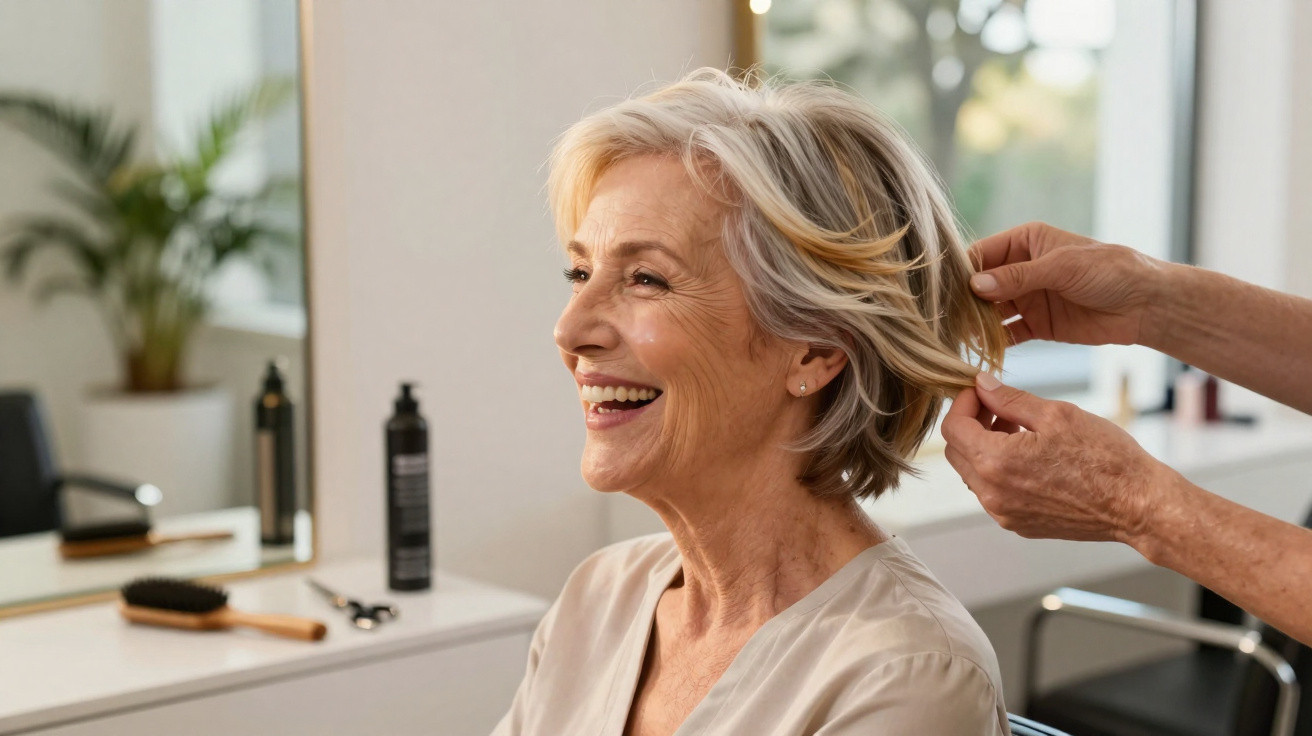 Elderly woman smiling while getting her short blonde hair styled at a salon.