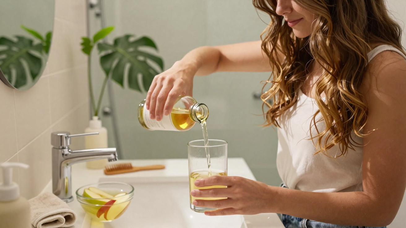 Woman with long hair pouring liquid from a bottle into a glass in a bathroom with plants and toiletries.