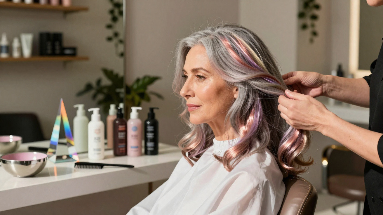 Older woman with grey and pink highlighted hair having her hair styled in a salon chair.