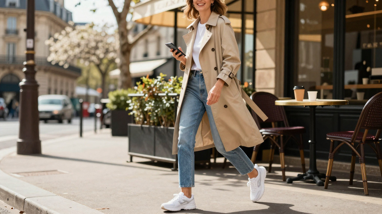 Woman in beige trench coat and jeans walking on city street holding smartphone near café tables.