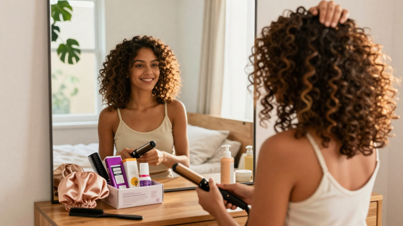 Young woman with curly hair smiling while using a curling iron in front of a bedroom mirror