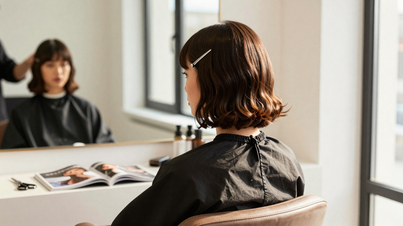 Woman with short wavy hair sitting in a salon chair looking at her reflection in the mirror.