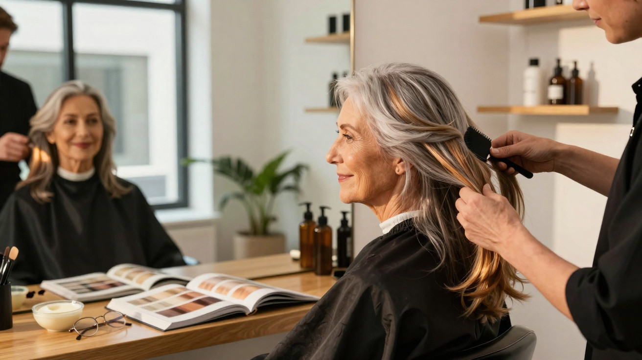 Older woman with long grey hair having her hair brushed at a salon, looking at her reflection in the mirror.