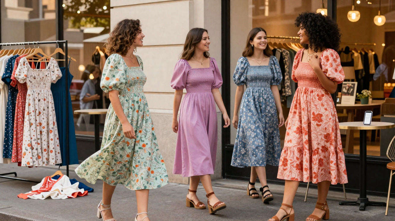 Four women walking and chatting in colourful floral and plain puff-sleeve midi dresses outside a boutique.