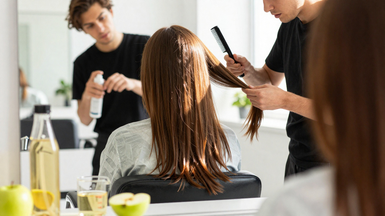 Hairdresser combs and sprays the long brown hair of a seated woman in a salon.