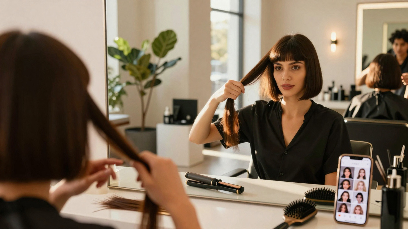 Woman with bob haircut looking at her hair in a salon mirror with hair tools and phone showing hair styles.