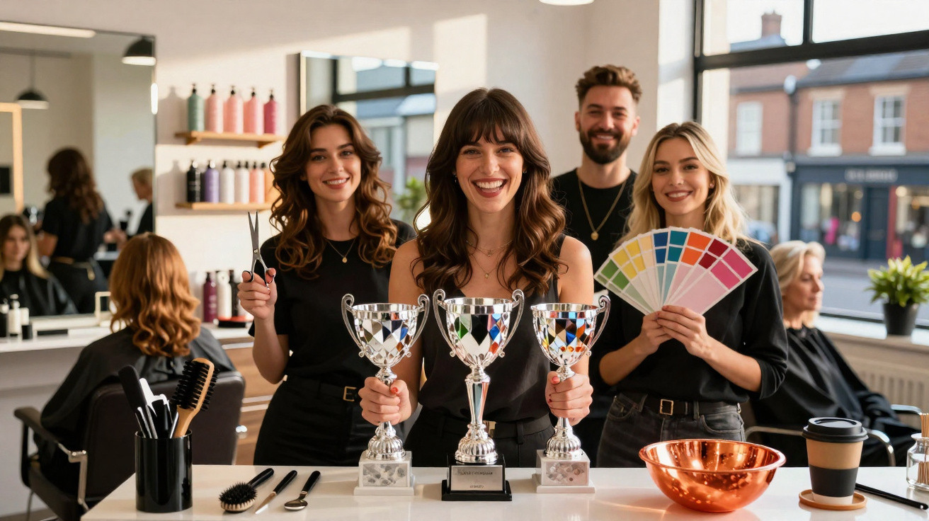 Four stylists smiling in a salon with trophies, scissors, and colour swatches on a counter in front of them.