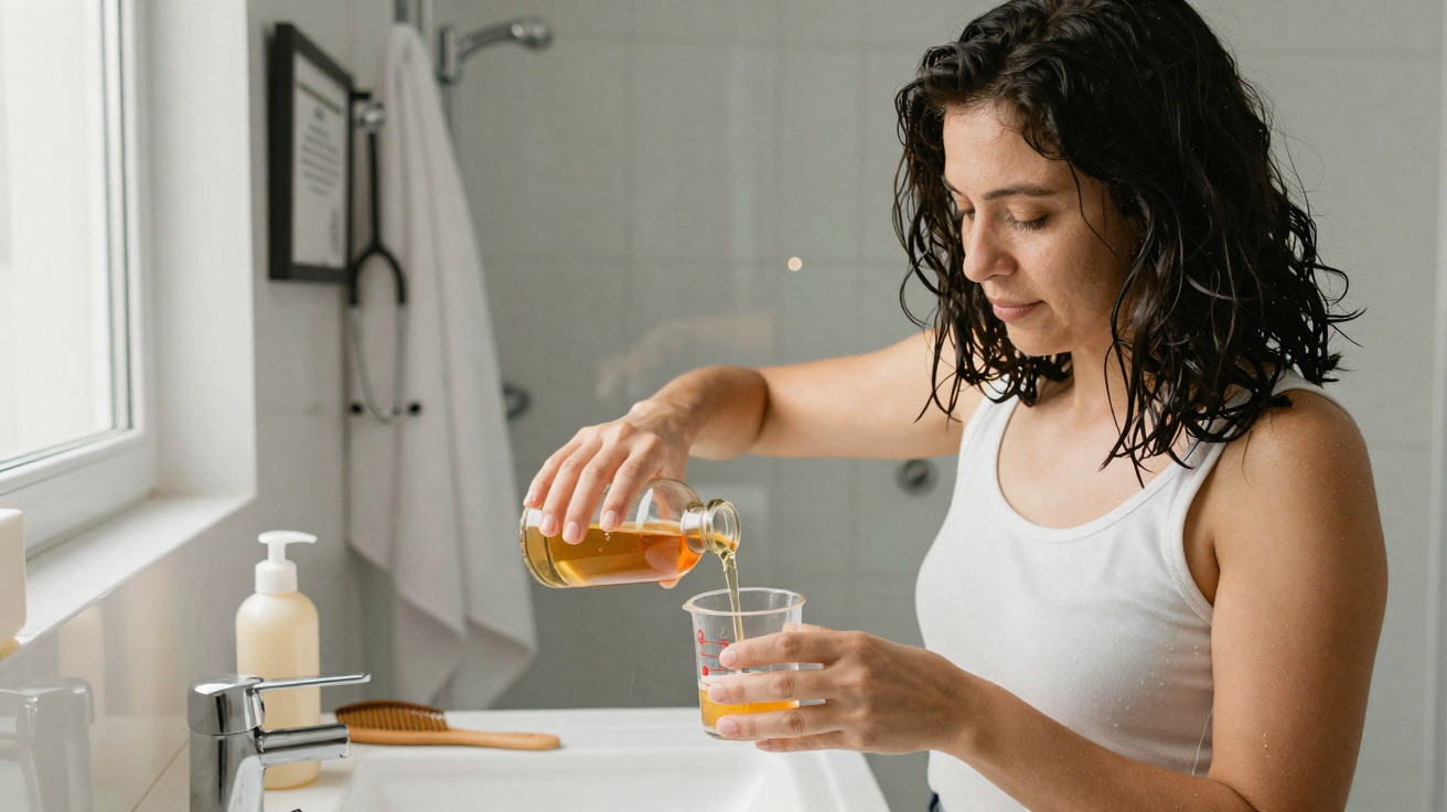 Woman with wet hair pouring liquid from a bottle into a measuring cup in a bathroom.