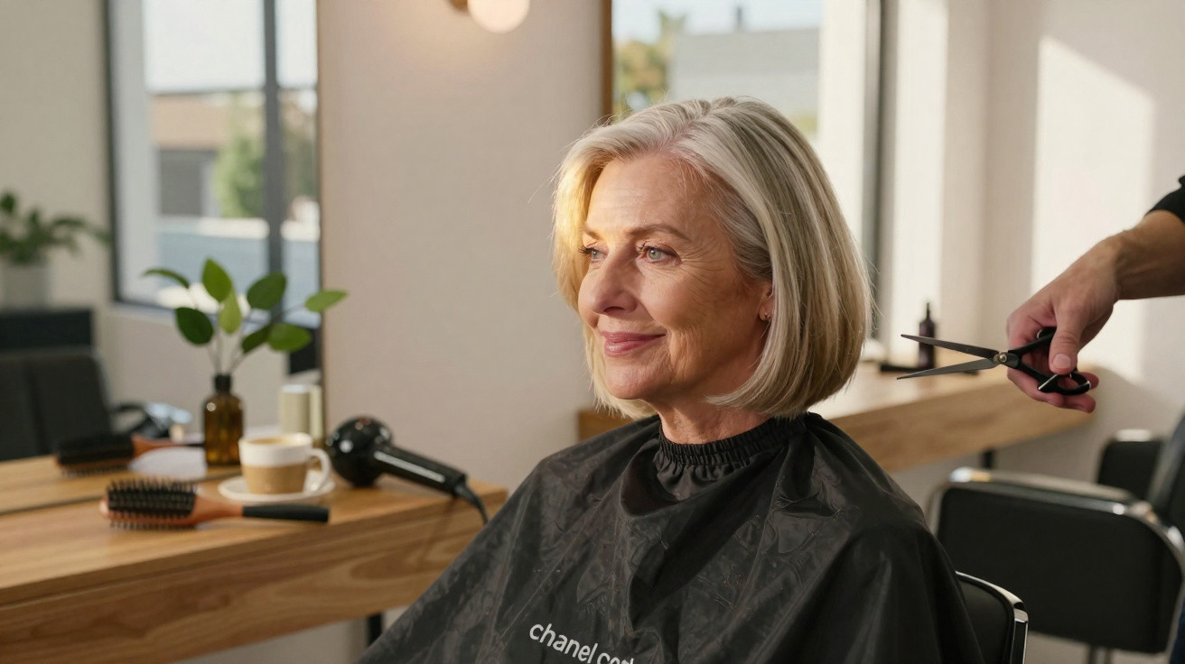 Older woman with short blonde hair smiling while getting a haircut in a bright salon.