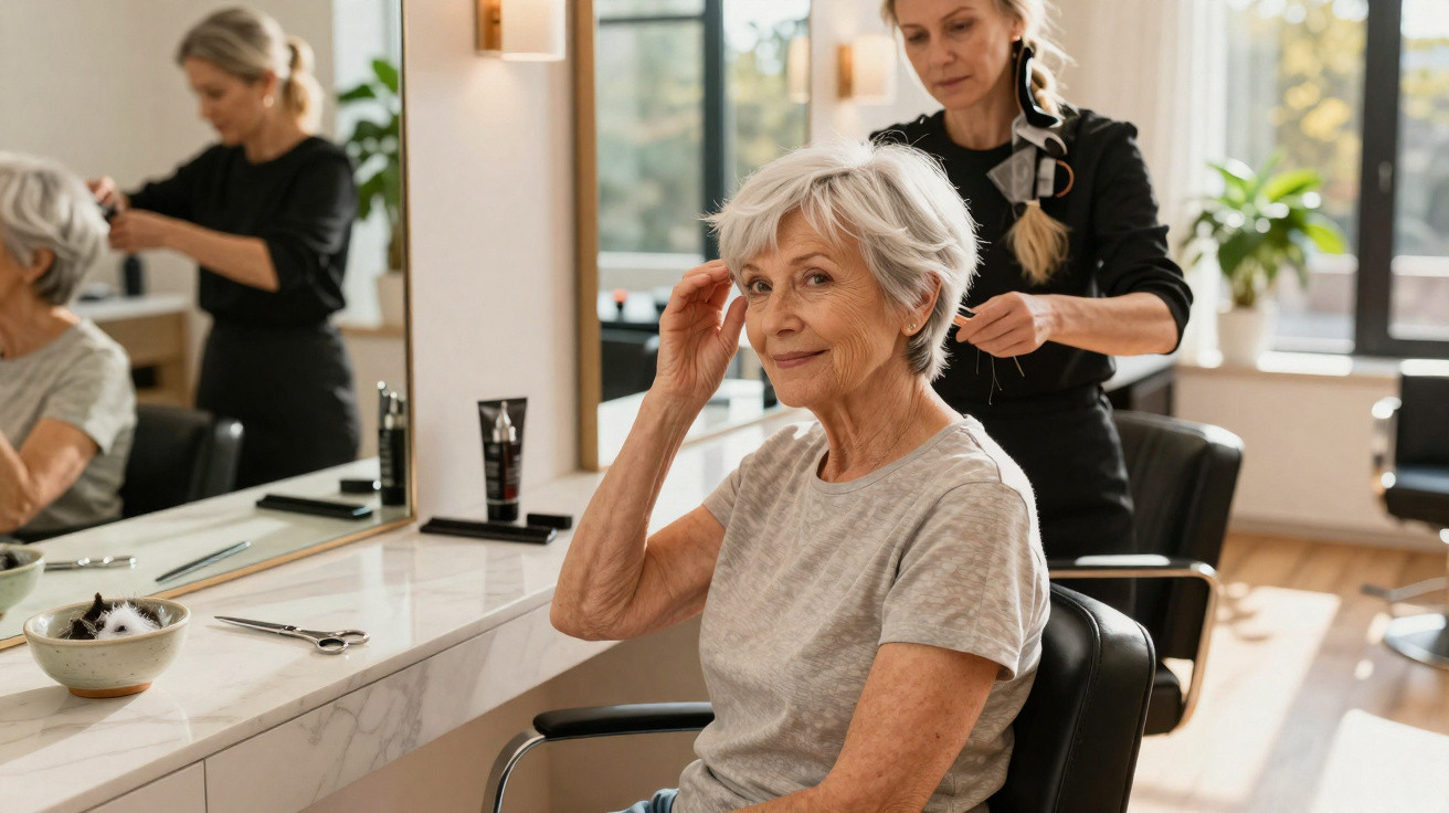 Senior woman having her hair styled by a hairdresser in a bright salon with large windows.