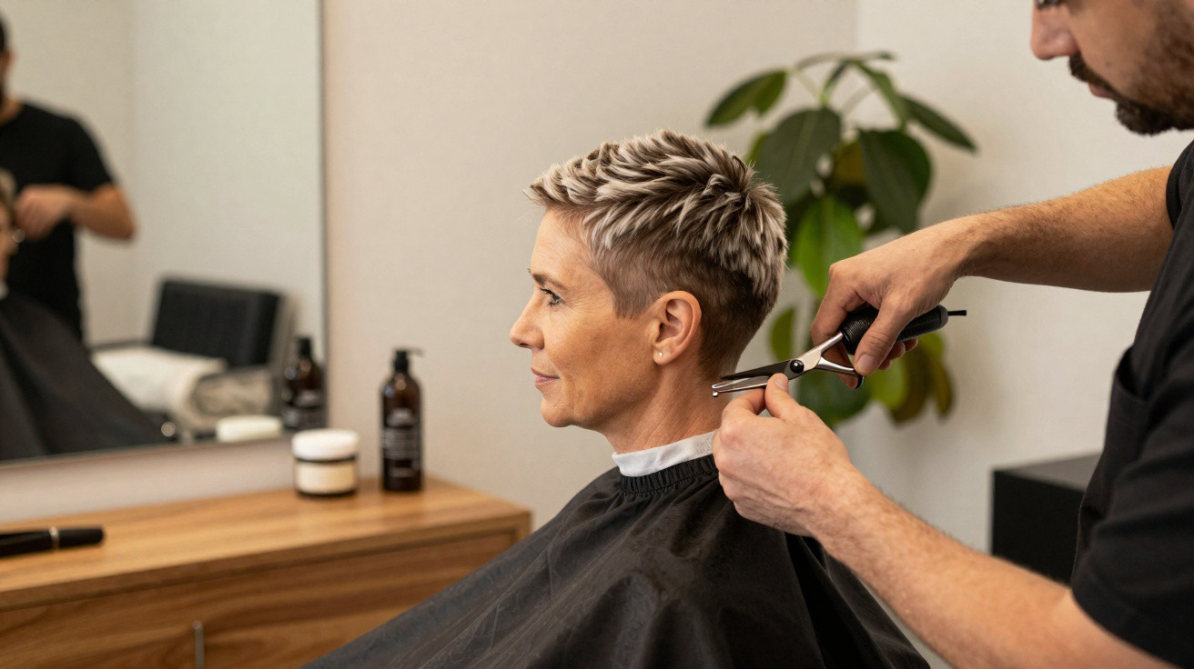 Person with short hair getting a haircut from a barber in a modern salon with plants and products visible.