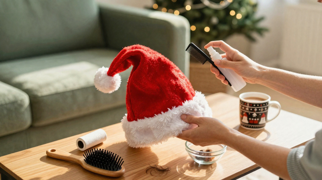 Hands spraying a red Santa hat with a comb on a table near a hairbrush, coffee cup, and Christmas tree.
