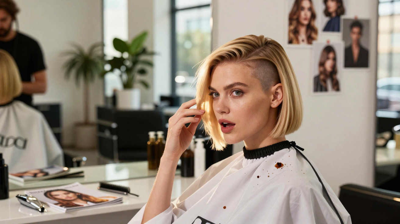 Woman with a trendy undercut hairstyle sitting in a salon chair wearing a white cape with hair products nearby.