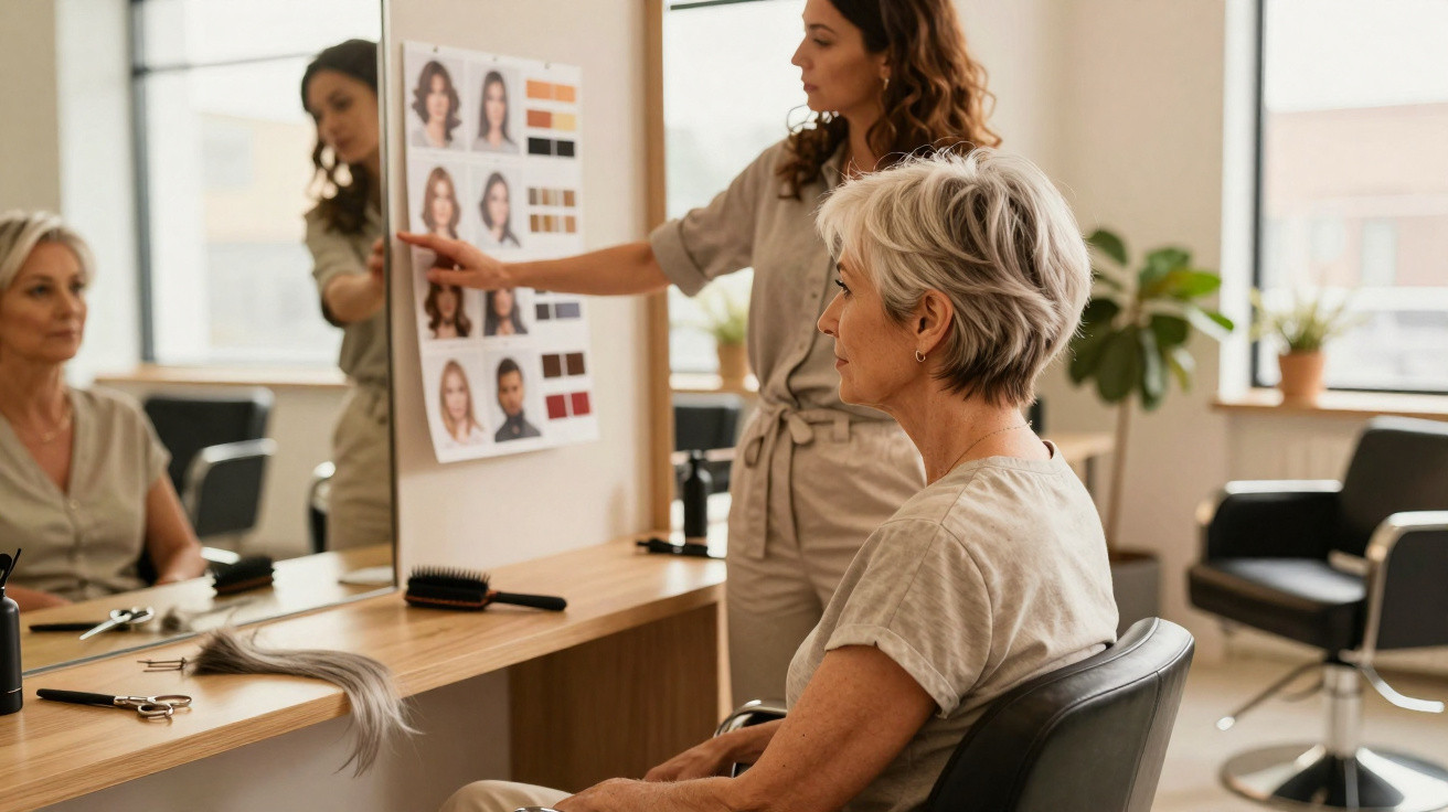 Hairstylist showing an elderly woman different hair colour styles in a salon with tools on the counter.