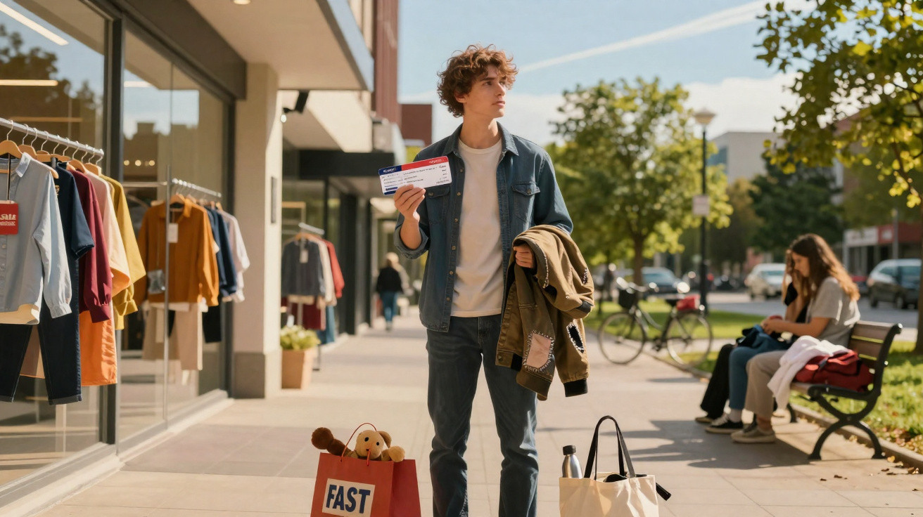 Young man holding plane tickets and a jacket outside a clothing store with shopping bags on the pavement