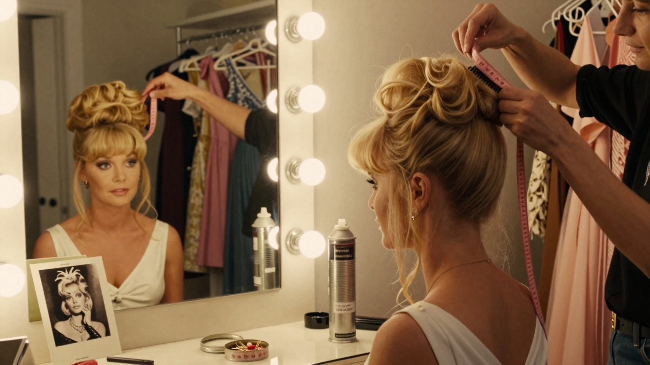 Woman with blonde updo hairstyle getting measured with a tape measure by a stylist in front of a mirror.
