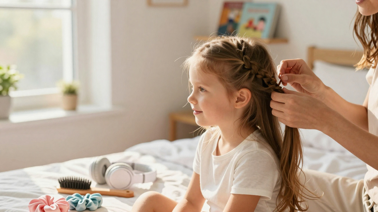 A woman braiding a young girl's hair while sitting on a bed in a sunlit room.