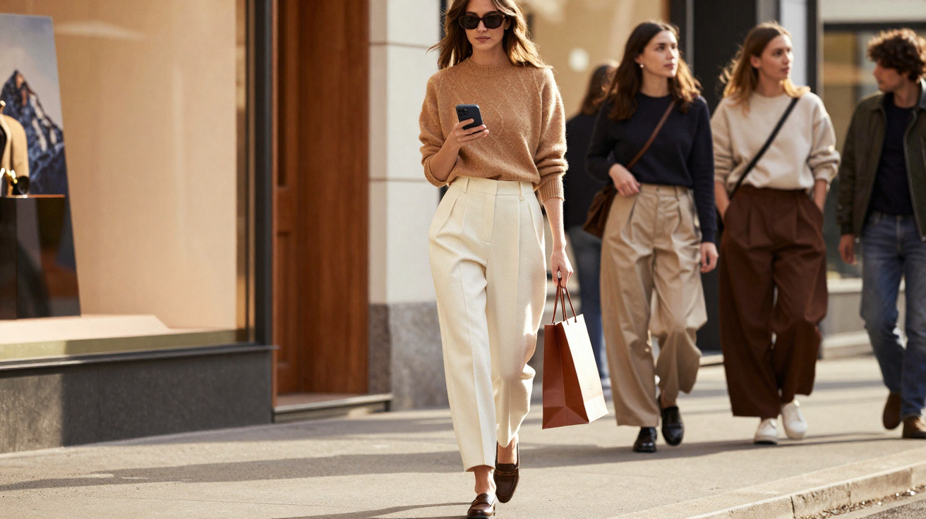 Four people walking on a city sidewalk, with a woman in tan sweater and white trousers looking at her phone.