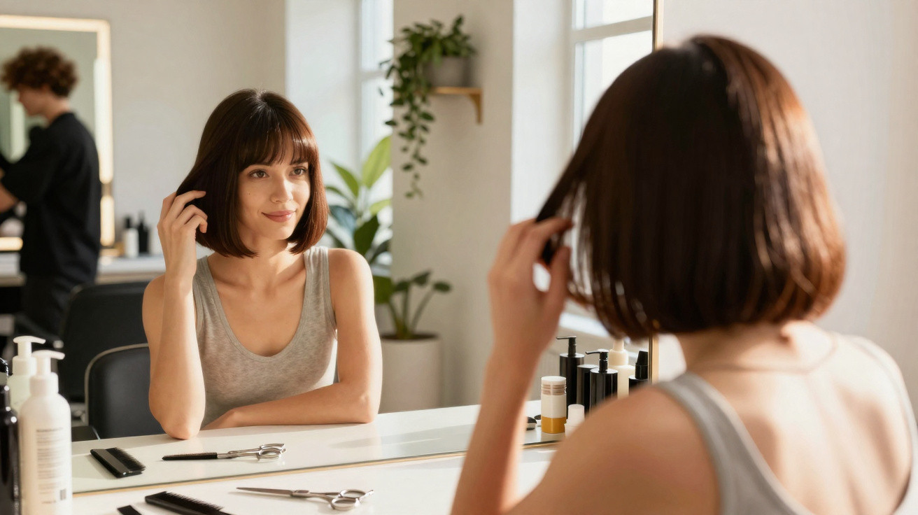 Young woman with short brown hair looking at herself in a mirror at a hair salon with a stylist in the background.