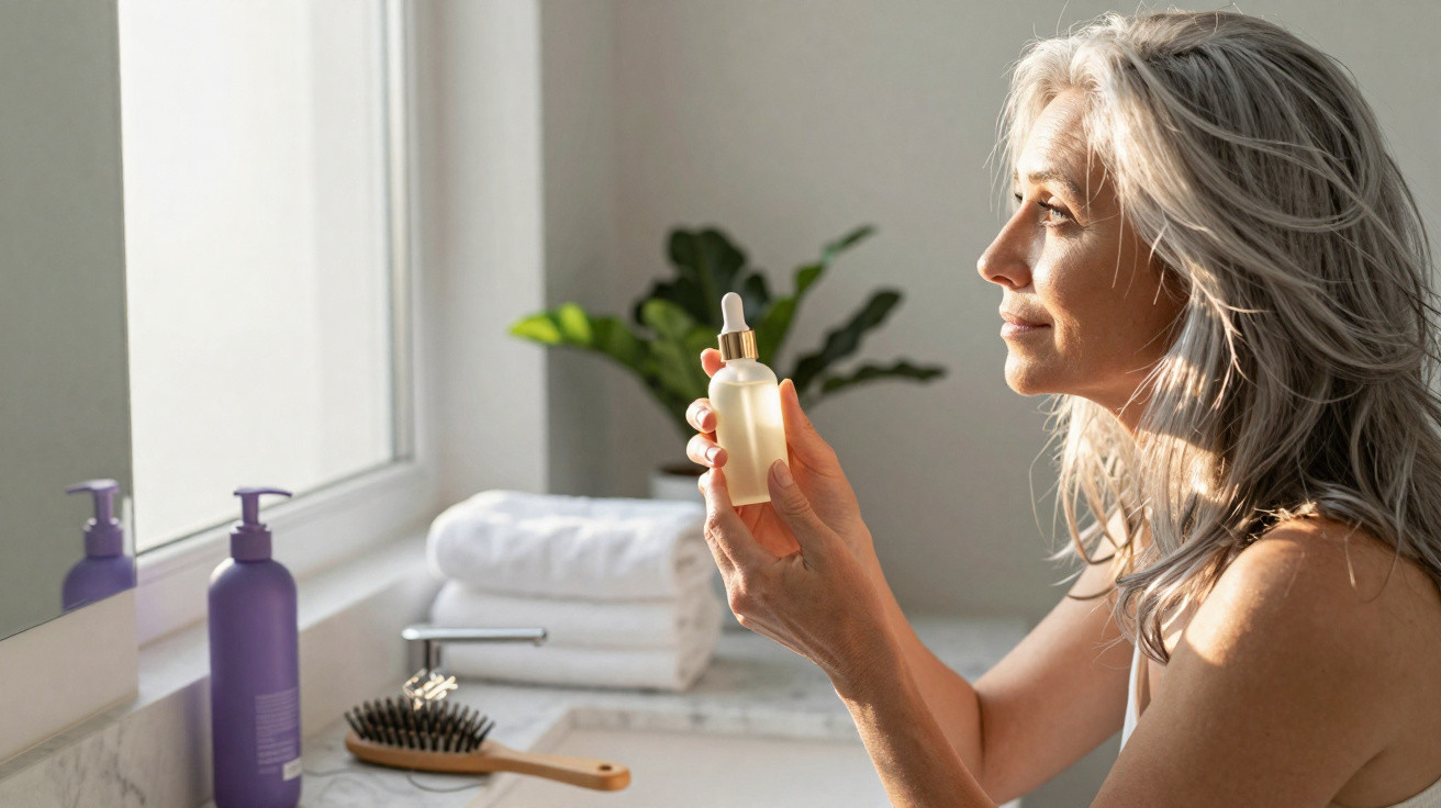 Middle-aged woman holding a skincare serum bottle in a bright bathroom by the window with towels and a hairbrush nearby